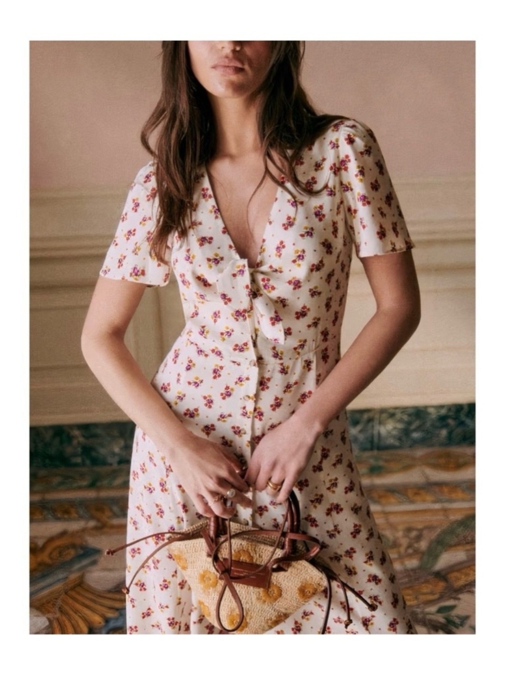 Sézane Ophelia Dress- Floral Tie-Front Midi Dress in Cream with Red Floral Print